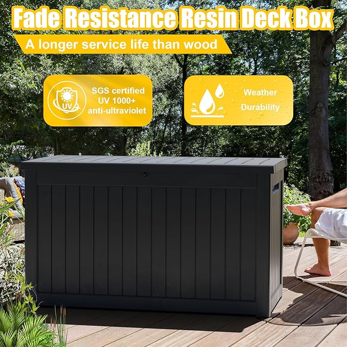 281 Gallon Large Resin Deck Box, Lockable Outdoor Storage Box for Patio Cushions Storage Furniture,Garden Tools, Pool Supplies, Weatherproof and UV Resistant (Black)