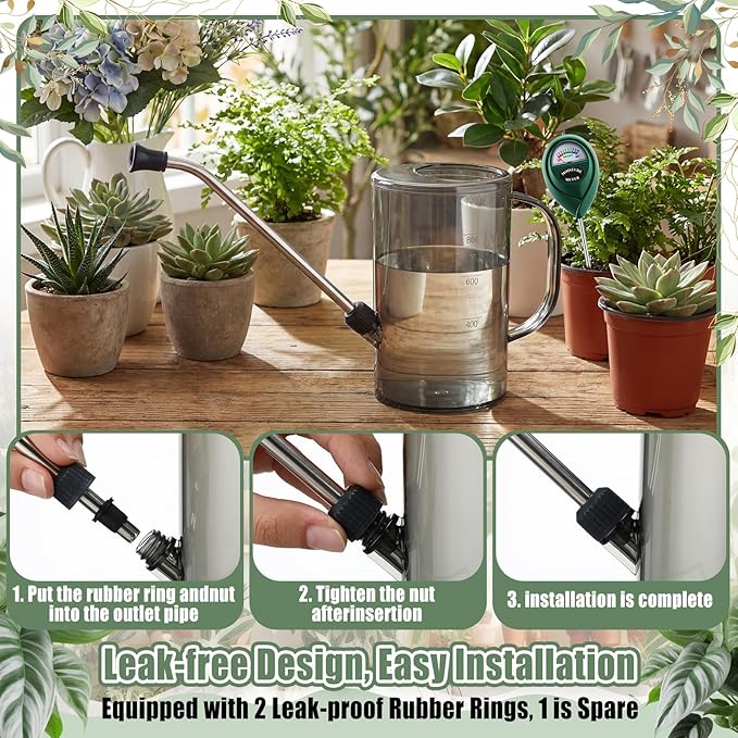 Indoor Plants Watering Can for Indoor Plants Long Probe Soil Moisture Meter Long Spout Watering Cans Water Monitor Indicator for Pot Flower House Gardening Farming(Gray,1 L,Cylindrical)