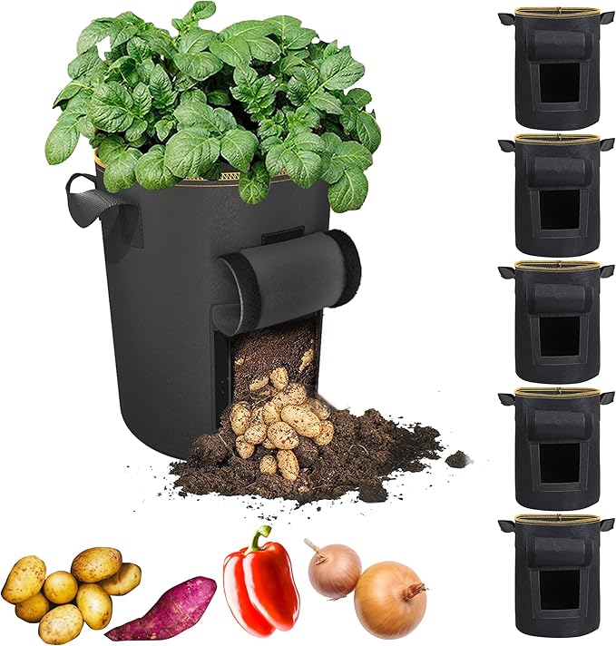 Potato Grow Bags with Flap, Premium Double Layer Breathable Nonwoven Cloth Planter Pot with Handles and Harvest Window for Potato Tomato and Vegetables (5Gallon, 5Packs)