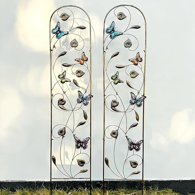 2 Pack Metal Garden Trellis with Colorful Butterfly, Outdoor Decoration Arched Fence Trellis for Climbing Plants for Patio, Backyard, Lawn, Wall Brackets