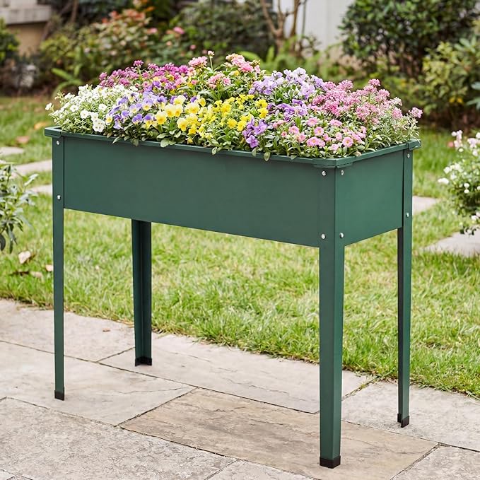 Giantex Metal Raised Garden Bed with Legs, 24”x11”x18” Elevated Planter Box with Drainage Holes for Vegetable Fruit Flower Herb, Outdoor Standing Gardening Box for Balcony Backyard Patio Porch, Green