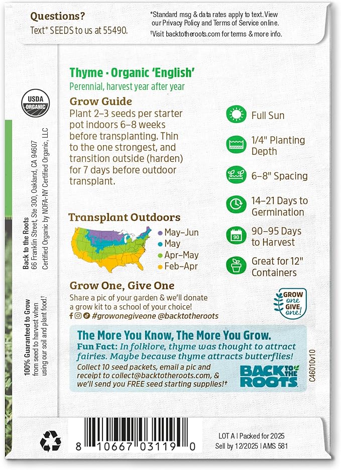 Back to The Roots 100% Organic Heirloom Seeds - Thyme Value Pack (140mg Total)