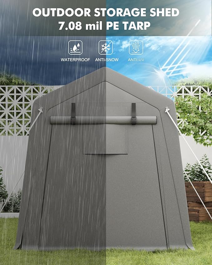 GarveeHome 6 x 8 Ft Carport Storage Shed, Portable Garage with Roll-Up Zipper Door, Heavy Duty Waterproof Tarp, Storage for Motorcycle, Bike, Firewood, Garden Tools, Grey