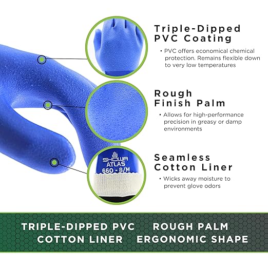 SHOWA Atlas 660 Triple-Dipped PVC Chemical Resistant Gloves, Heavy-Duty Gloves, Rough Finish Grip, Seamless Cotton Liner, 12" Length, Blue, X-Large, 1 Pair