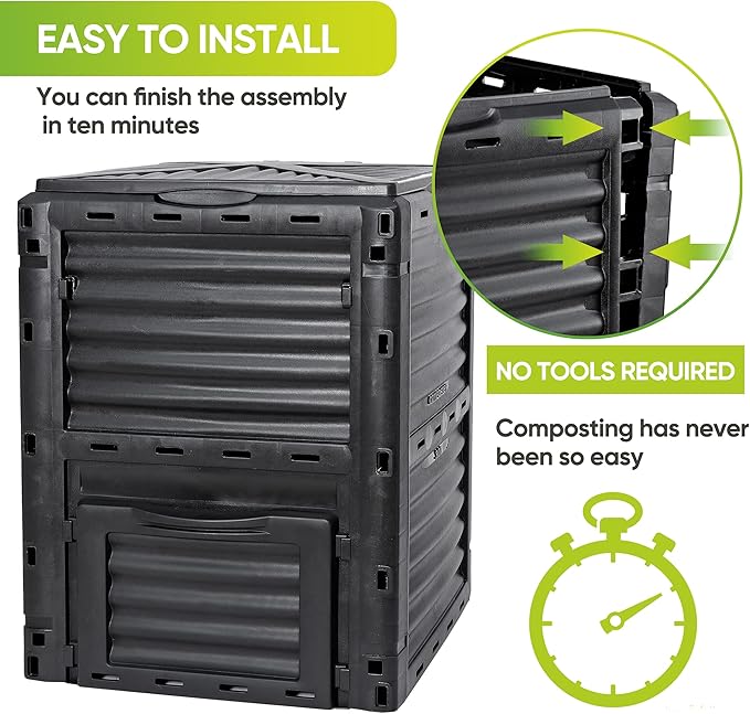 JupiterForce Garden Compost Bin 80 Gallon (300 L) from BPA Free Material, Large Composting Bin Outdoor Composter with Gloves, Easy Assembling, Fast Creation of Fertile Soil, Lightweight, Black
