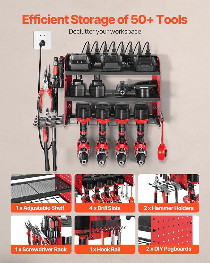 VEVOR Power Tool Organizer with Charging Station, 3-Layer Drill Storage Rack with 4 Drill Holders & Side Pegboard, Garage Tool Organizer Built in 8 Outlet Power Strips for Garage, Workbench, Workshop