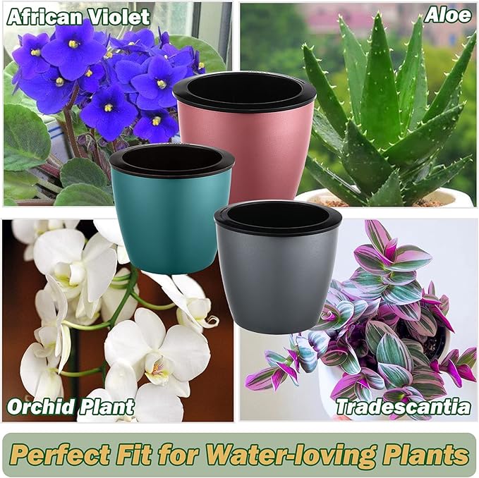 Planterhoma 6.7 Inch Self Watering Pots for Indoor Plants, 6 Packs African Violet Pots, Black Wick Pot with Drainage Holes, Self Watering Planters for Orchid, Devil's Ivy, Silver/Rose Gold