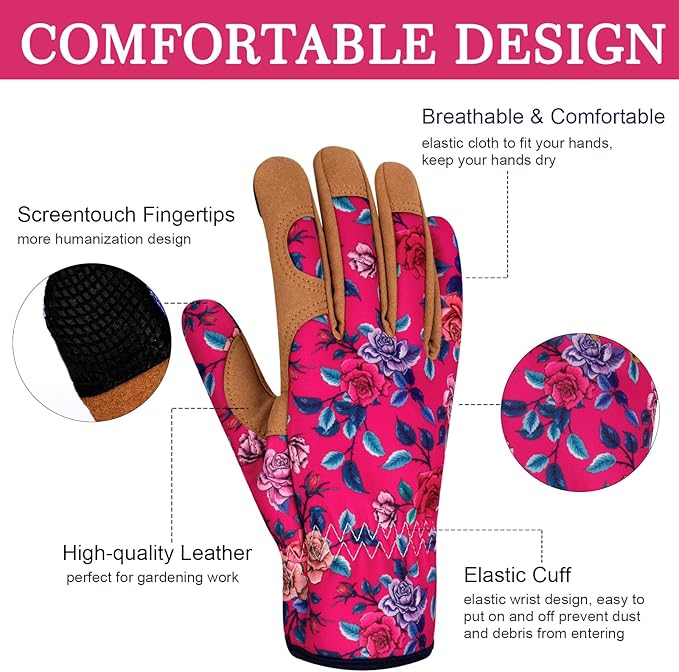 Leather Gardening Gloves for Women Thorn Proof Garden Gloves Touch Screen Working Gloves Gifts,M