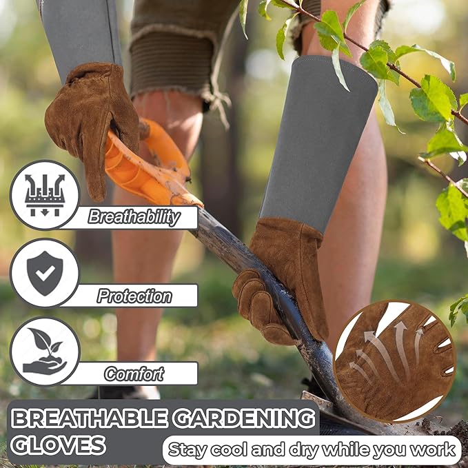 HLDD HANDLANDY Long Gardening Gloves for Women Men - Leather Rose Pruning Gloves Thorn Proof - Breathable Working Glove