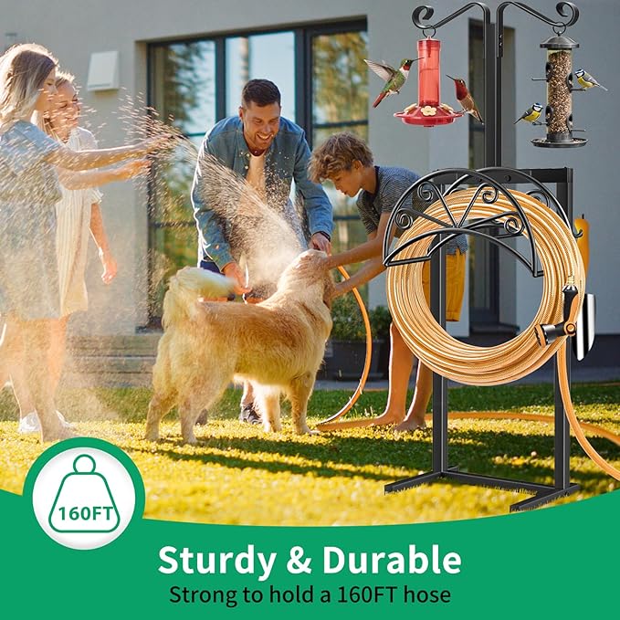TomCare Garden Hose Holder Heavy Duty Water Hose Holder Holds 160 FT Hoses 4 Spikes Hose Reel Freestanding Hose Hanger Sturdy Hose Storage Stand for Outside Yard Lawn
