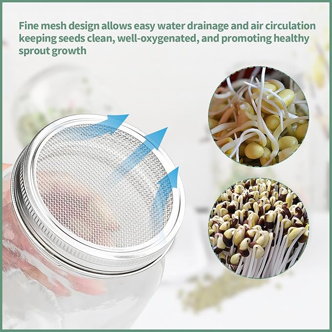 4 Pack Sprouting Lids for Mason Jars, 304 Stainless Steel Wide Mouth Seed Sprouting Kit,Sprouting Jar Lid urable Filter Screens for Growing Broccoli, Alfalfa, Beans