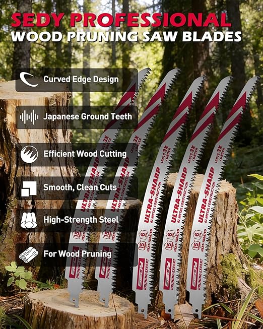 15 Inch Japanese Teeth Reciprocating Saw Blades, 6TPI Arc Edge Wood Pruning Saw Blades Set for Tree Trimming, Wood Cutting, 5 Pack