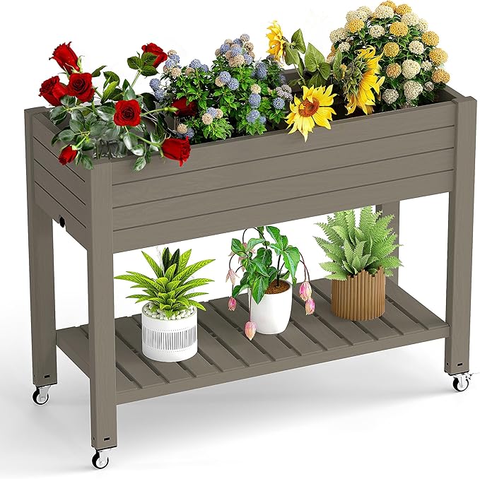 Elevated Raised Garden Bed with Wheels,Outdoor Large Resin Patio Planter Box Stand Divisible with Drain Plug,Water Monitor for Plants Vegetables Flowers Fruits(Grey,43.31 * 17.72 * 33.66)