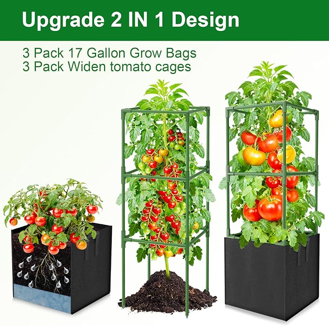 3 Pack Tomato Cages, Square Tomato Trellis with 17 Gallon Grow Bags,47IN Tall Heavy Duty Tomato Plant Support Stakes for Garden Climbing Vegetables Flowers Fruits (Extra-Bold, 3 Pack)