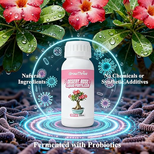 Desert Rose Liquid Fertilizer – Natural Probiotic Plant Food for Adenium, 10 oz Bottle with Measuring Cap, Organic Nutrient Boost for Greener Leaves, Strong Roots & Vibrant Blooms