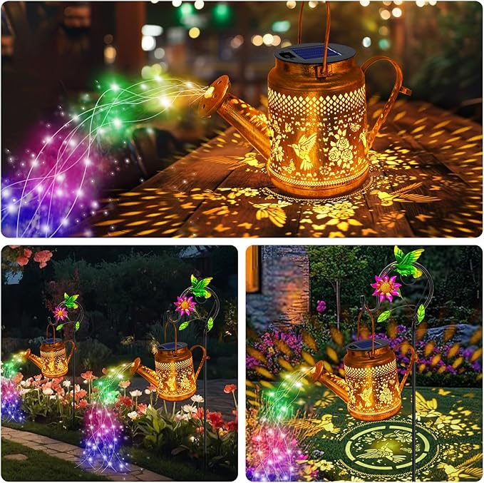 2 Pack Big Solar Lanterns Outdoor, Gifts For Mom Grandma Women Wife Daughter Mother's Day, Hummingbird Watering Can Lights With Shepherd Hook, Solar Path Light Yard Art Outside Patio Decor Multicolour