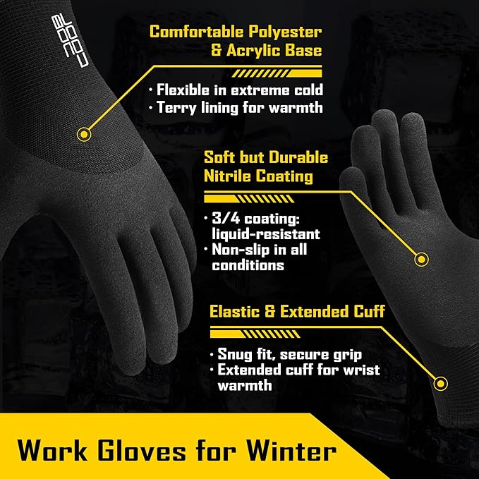 COOLJOB Winter Freezer Work Gloves for Men Women with Grip, Windproof Thermal Warm Fleece Lined, 3/4 Latex Coated for Heavy Duty, Construction, Warehouse, Black, 1 Pair, L