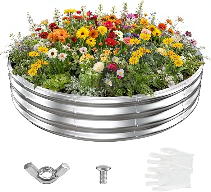 6FT Diameter Galvanized Garden Raised Bed/Plant Box/Fire Pit Ring-0.8mm Thick,12 Inch Tall,Crimped Edge and Corner,No Sharpe,Perfect for Plantings (Silver, 72 Dia X 11.5 inches)
