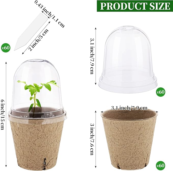 60 Set Plant Seeding Pots with Humidity Dome, 3 Inch Brown Biodegradable Seed Starter Pots, Plant Nursery Pots with Plant Labels for Seedlings, Garden Vegetable Germination