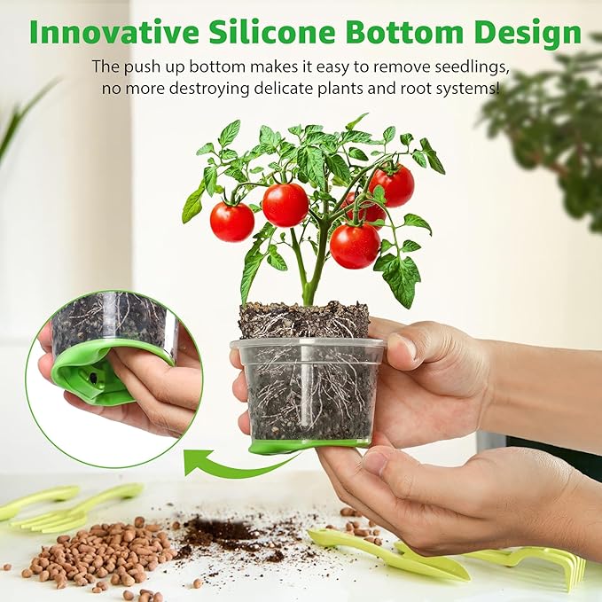 MIXC Thickened Clear Nursery Pots with Silicone Base for Easy Transplant 30 Packs 3.5 Inch, Transparent Plant Pot Reusable Seedling Pots for Vegetable Propagation, Root Cutting, Seed Starting, Green