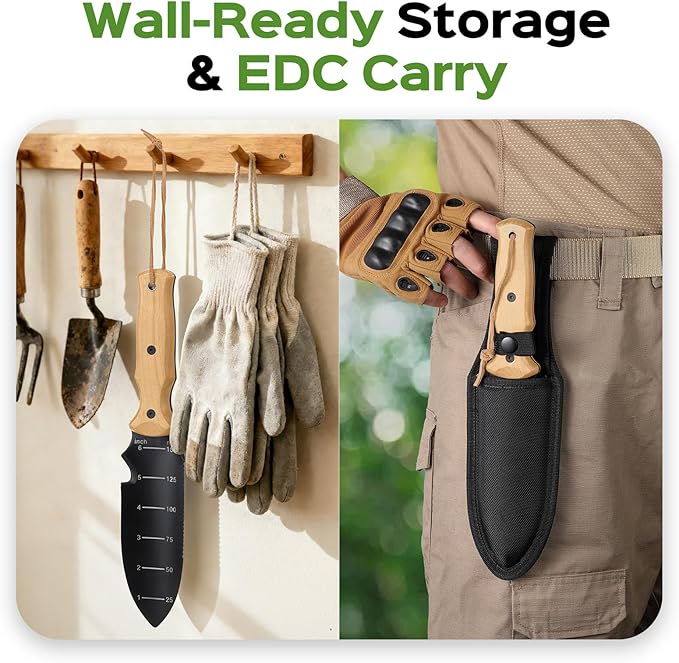Garden Tools Trowel with EDC Sheath, Gifts for Men Women Mom Dad, Gardening Tools with 7" Stainless Steel Blade, Dual-Scale Measurement, Hanging Hole, Gardening Hand Tools for Weeding Digging Planting
