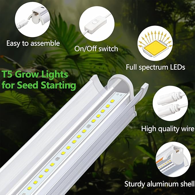 Grow Light for Seed Starting with Stand,Double Tube T5 Grow Lights 1.4Ft,Seed Starter Light Kit,5000K White Full Spectrum Plant Growing Lamp Strips for Indoor Plants,Seeds Starting,Height Adjustable