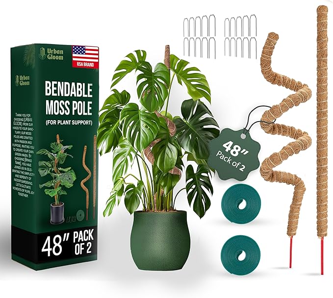 Bendable Moss Pole 48 Inch for Monstera & Climbing Plants – Pack of 2 Coco Coir Moss Poles for Indoor Plant Support, Trellis Pole for Pothos, Philodendron, Tall Plant Stakes for Home Gardeners