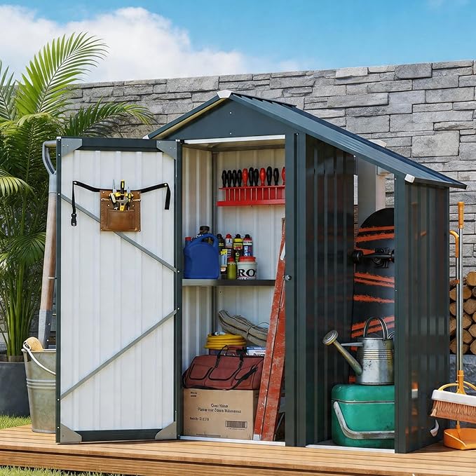 Waterproof 5'x2' Storage Shed with Open Firewood Rack, Heavy Duty 2-in-1 Lean-to Tool Storage Garden Cabinet with Internal Organizer Shelf, Lockable Door for Patio, Backyard, Lawn, Metal