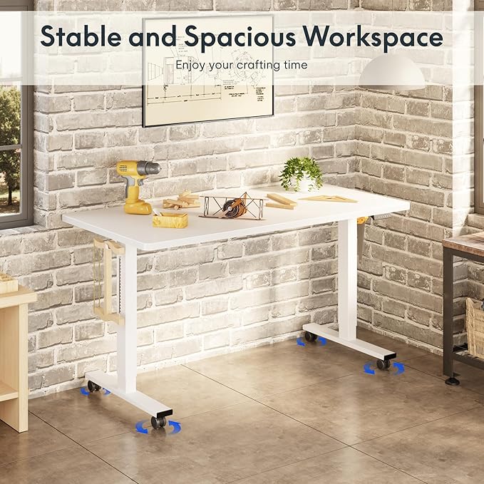 FLEXISPOT Electric Adjustable Workbench, 55x28 Inches Ergonomic Worktable with Wheels for Garage, Workshop, Office and Home, Spacious Desktop for Woodworking Sewing and Crafts, White, 3 Packages