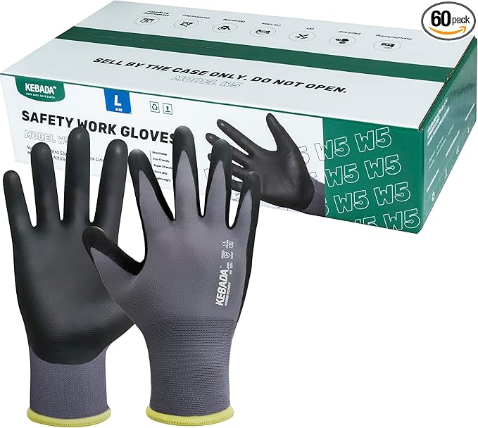 Kebada W5 Work Gloves Bulk Pack (60 Paris), Foam Nitrile Coated Working Gloves with Grip, Knitted with Spandex and Nylon, Ideal for Delivery, Warehouse, XS