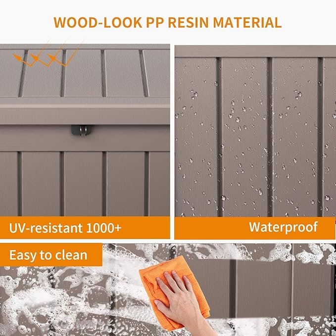 Vixzen 50 Gallon Resin Deck Box, Lockable Outdoor Storage Box for Patio Cushions Storage Furniture,Garden Tools, Pool Supplies, Weatherproof and UV Resistant（Grey，50 Gallon）