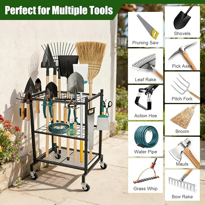3 Tier Garden Tool Organizer with Wheels, Garden Tool Rack Rack Up to 50 Tools, Heavy Duty Metal Yard Tool Organizer for Garage with Hooks, Freestanding Lawn Tool Shovels for Shed&Outdoor Organization