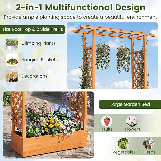 S AFSTAR Raised Garden Bed with Trellis, 2 Pieces Fir Wood Planter Box with Flat Roof & Drainage Holes, Vertical Planter Raised Bed for Climbing Plants, Flowers & Vegetables, 43" x 14" x 89" (Orange)
