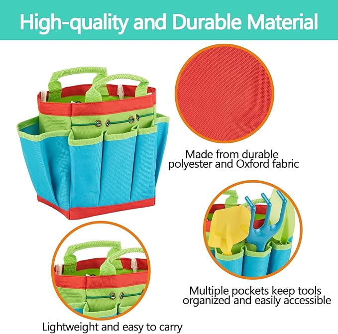 FITNATE Green Kids Garden Tools Set,6 PCS Garden Tools Including Watering Can, Shovel, Rake, Fork, Children Gardening Gloves and Garden Tote Bag, All in One Set