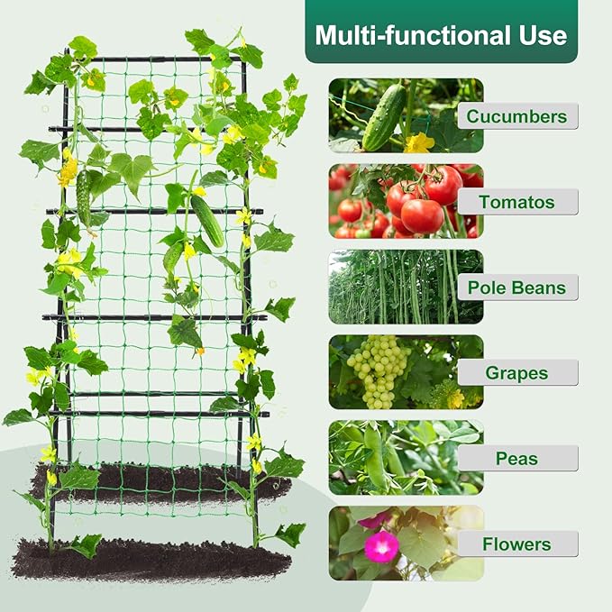 Cucumber Trellis for Raised Bed, 6ft Metal A-Frame Garden Trellis for Climbing Plants Outdoor Support Vine Fruits Grape Vegetable Squash Tomato Pea Bean Trellis, with Netting, Black