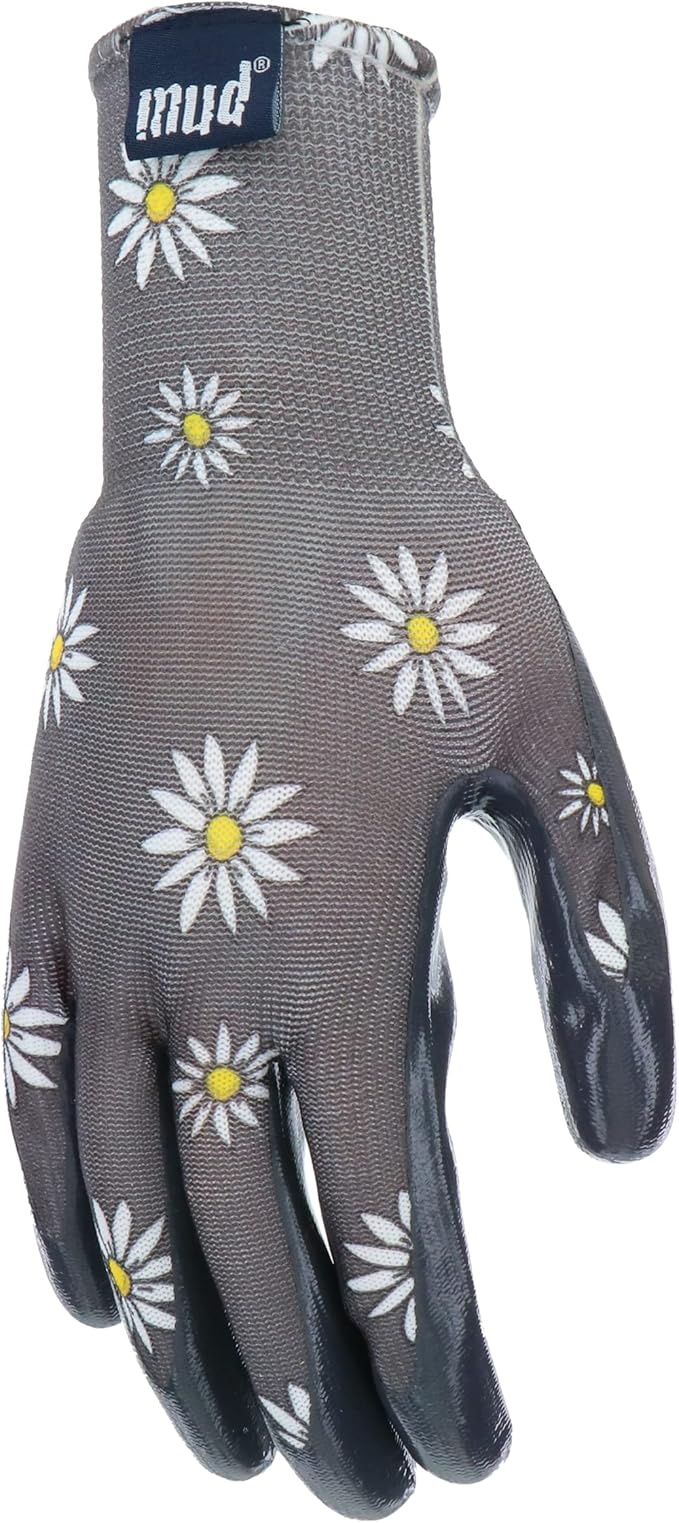 Mud Grip Women's Daisy Printed Polyester Shell and Flat Nitrile Coated Palm Gardening Gloves,