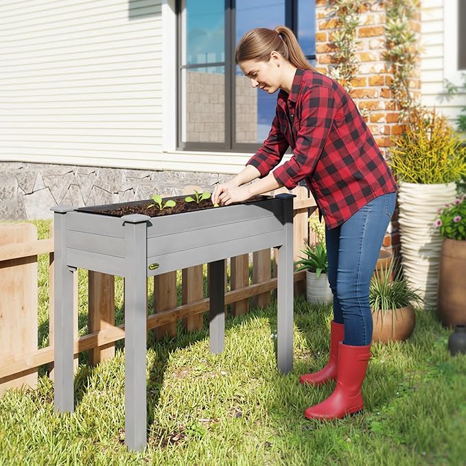 Outsunny Raised Garden Bed with Legs, 34" x 18" x 30", Elevated Wooden Planter Box, Self-Draining with Bed Liner for Vegetables, Herbs, and Flowers Backyard, Patio, Balcony Use, Dark Gray