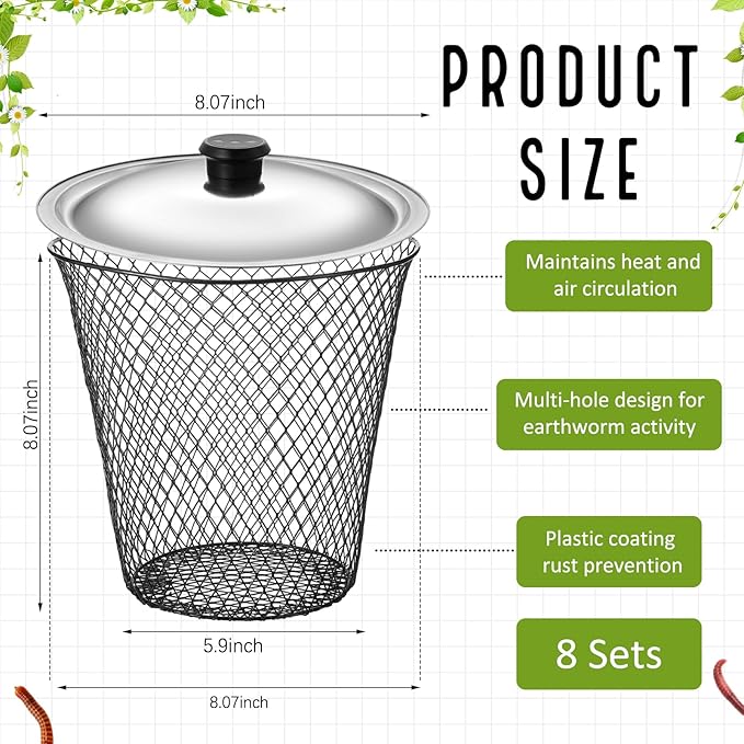 8 Pcs Inground Worm Composter with Lids 8.1 x 8.1 x 5.9 Inch Farm Worm Compost Bin Outdoor for Recycling Kitchen Food Waste to Raised Garden Beds