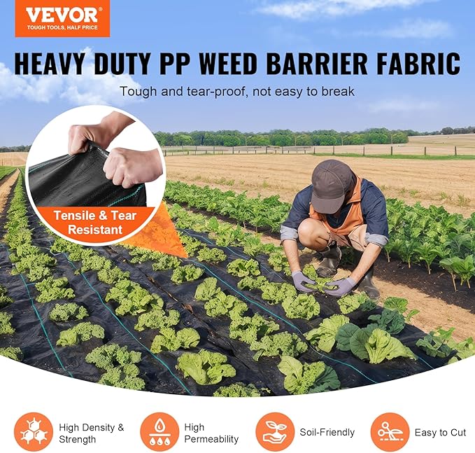 VEVOR Weed Barrier Landscape Fabric, 4*50FT Heavy Duty Garden Weed Fabric, Woven PP Weed Control Fabric, Driveway Fabric, Geotextile Fabric for Landscaping, Ground Cover, Weed Blocker Weed Mat, Black