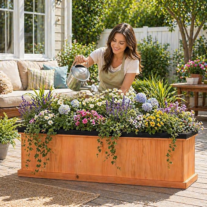 Giantex Raised Garden Bed with 3 Drainage Holes, 44”x10”x12” Wooden Elevated Planter Box w/Removable Bottom & Bed Liner, Elevated Flower Bed, Rectangular Plant Container for Vegetables Herbs & Fruits