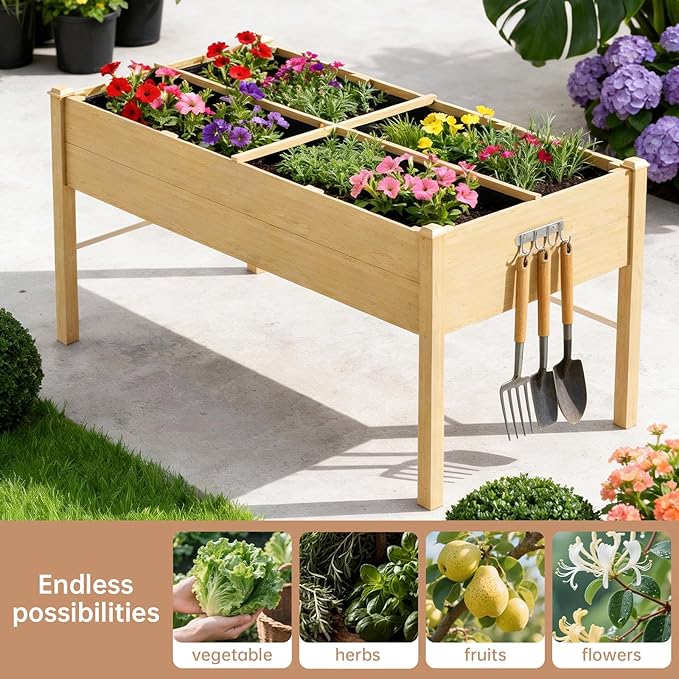Acenova Raised Garden Bed Outdoor, 48 x 24 x 30 Inch Elevated Wooden Garden Bed with Legs and Liner, Raised Beds for Gardening with Grow Bag and Tool Hook, Planter Box for Patio Backyard Balcony