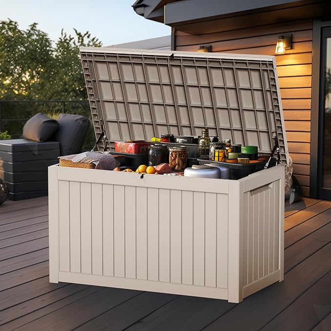 Vixzen 280 Gallon Resin Deck Box, Lockable Outdoor Storage Box for Patio Cushions Storage Furniture,Garden Tools, Pool Supplies, Weatherproof and UV Resistant（Grey，280 Gallon）