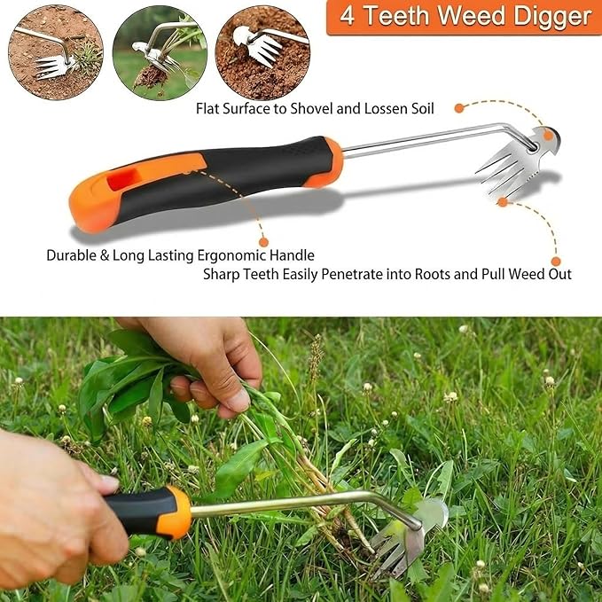 Weed Puller Tool, 3 Pack Hand Weeder Tool, Stainless Steel Dandelion Remover for Lawn Care, 4 Teeth Manual Crack Weeder for Garden, Flower Beds, Patio, L-Shaped Weeding Tool with Ergonomic Handle