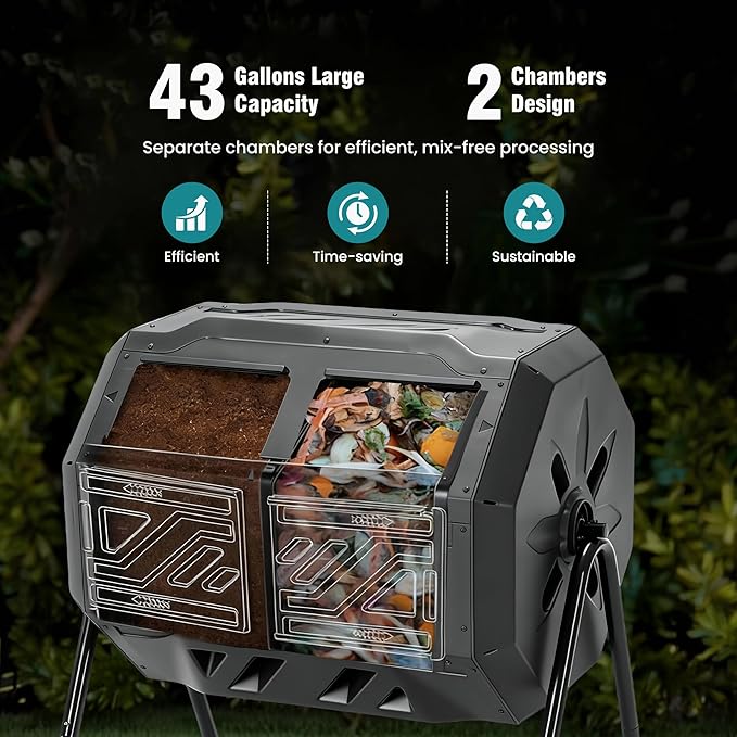 OLIXIS Compost Bin Outdoor 43 Gallon, Dual Chamber Composter Tumbler Outdoor with Gloves, Efficient 360°Rotating Composting Bin for Patio, Lawn, Home Gardening and Landscape, Black and Orange