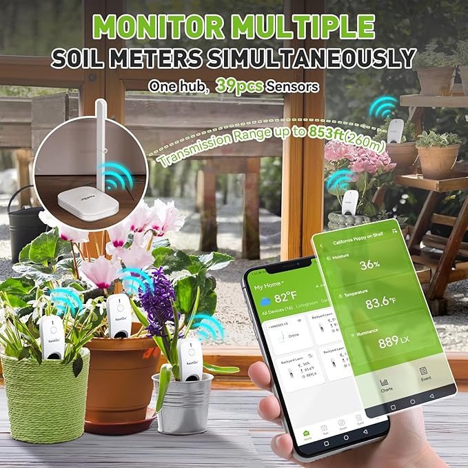 RainPoint 3-in-1 APP Remote Monitoring WiFi Soil Meter for Plant Indoor/Outdoor, Moisture/Air Temperature/Light Intensity Monitor and Custom Alert, IP66 Waterproof Wireless Sensor, 2.4GHz WiFi Support