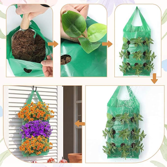 30 Pack Hanging Strawberry Planter and Flower Grow Bags with 9 Holes, Large 21" Fence Planter Pouches, Upside-down Garden Bags for Flowers, Strawberries, Tomatoes, 3.5-5kg Weight Capacity, BPA-Free