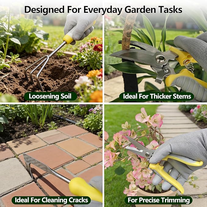 Garden Tool Set, 11-Piece Heavy-Duty Stainless Steel Hand Tools with Ergonomic Non-Slip Handles, Floral Tote Bag, Gloves, Spray Bottle and Repotting Mat, Gardening Gift for Women