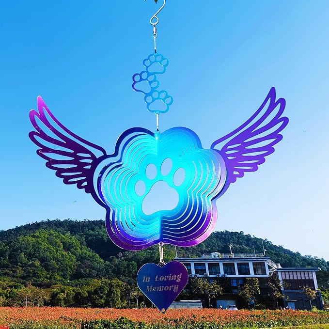Pet Memorial Wind Spinners, Cat Memorial Gifts,Stainless Steel Angel Wings Pet Paw Print,Dogs and Cats Remembrance, Pet Sympathy,Pet Loss Bereavement Gifts