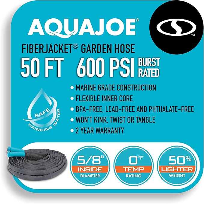 Aqua Joe AJFJH50-58-MAX Superlight FIBERJACKET Garden Hose, Kink-Resistant, 600 PSI Burst Rating, 50 Feet Long, Heavy Duty Couplings