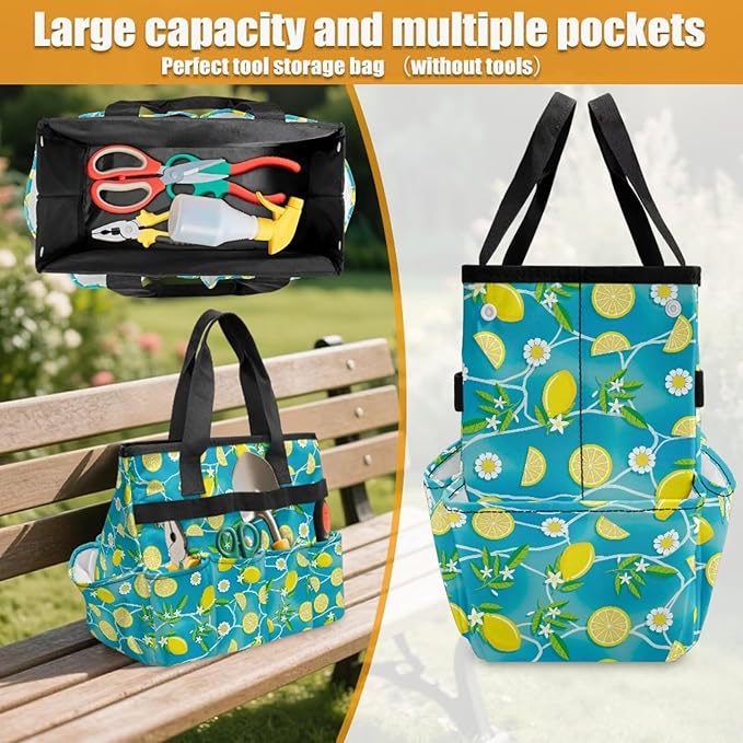 Lemon Daisy Garden Tool Bag Portable Gardening Tool Organizer Bag with 10 Pockets and Handle Tool Carrier and Storage for Garden Lawn Yard Casual Camp
